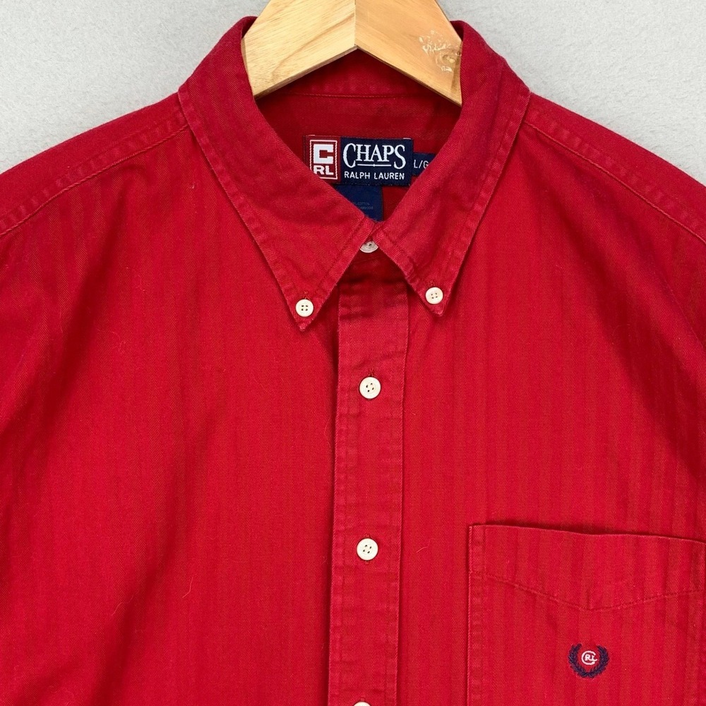 Vintage‎ Chaps Ralph Lauren Shirt Mens Large Red Cotton Striped Crest Logo 90s